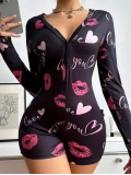 Seraviax Pamuklu Kırmızı Öpücük ve Kalp Desenli Düğmeli Uzun Kol Tulum Pijama