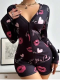 Seraviax Pamuklu Kırmızı Öpücük ve Kalp Desenli Düğmeli Uzun Kol Tulum Pijama