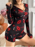 Seraviax Pamuklu Kırmızı Ruj ve Öpücük Desenli Düğmeli Uzun Kol Tulum Pijama