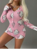 Seraviax Pamuklu Pembe Hello Kitty Desenli Düğmeli Uzun Kol Tulum Pijama