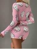Seraviax Pamuklu Pembe Hello Kitty Desenli Düğmeli Uzun Kol Tulum Pijama