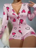 Seraviax Pamuklu Pembe Kalp Desenli Düğmeli Uzun Kol Tulum Pijama