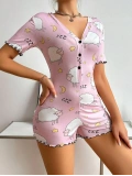 Seraviax Pamuklu Pembe Kuzu Desenli Düğmeli Uzun Kol Tulum Pijama