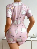 Seraviax Pamuklu Pembe Kuzu Desenli Düğmeli Uzun Kol Tulum Pijama