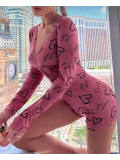 Seraviax Pamuklu Pembe Siyah Kalp Desenli Düğmeli Uzun Kol Tulum Pijama