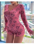 Seraviax Pamuklu Pembe Siyah Kalp Desenli Düğmeli Uzun Kol Tulum Pijama