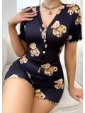 Seraviax Pamuklu Siyah Ayıcık Desenli Düğmeli Tulum Pijama