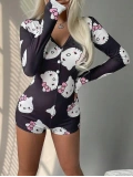 Seraviax Pamuklu Siyah Hello Kitty Desenli Düğmeli Uzun Kol Tulum Pijama