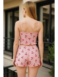 Seraviax Pembe Kiraz Desenli Kurdelalı Askılı Şortlu Pijama Takımı