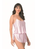 Şık Tasarım Yumuşak Dokulu Pembe Saten Babydoll Şort Takımı