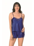 Şık Tasarım Yumuşak Dokulu Dantel İşlemeli Saks Saten Babydoll Şort Takımı