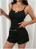 Seraviax Siyah Beyaz Kurdelalı Askılı Şortlu Pijama Takımı