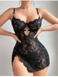 Seraviax Siyah Full Dantel İşlemeli İnce Askılı Yırtmaçlı Likralı Fantezi Gecelik