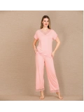 Seraviax Viskon Şık Tasarım Dantel İşlemeli Açık Pembe Kısa Kol Pijama Takımı