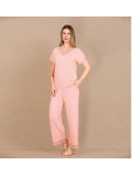 Seraviax Viskon Şık Tasarım Dantel İşlemeli Açık Pembe Kısa Kol Pijama Takımı