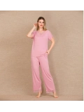 Seraviax Viskon Şık Tasarım Dantel İşlemeli Pembe Kısa Kol Pijama Takımı