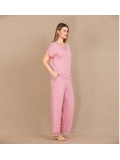 Seraviax Viskon Şık Tasarım Dantel İşlemeli Pembe Kısa Kol Pijama Takımı