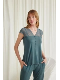 Seraviax Yakası Kolu ve Omzu Dantelli Önü Düğmeli Pijama Takımı