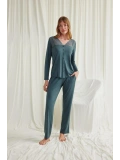 Seraviax Yakası Omzu ve Paçası Dantelli Boydan Düğmeli Pijama Takımı