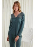 Seraviax Yakası Omzu ve Paçası Dantelli Boydan Düğmeli Pijama Takımı