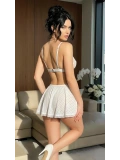 Şık Tasarım Beyaz Dantel İşlemeli Etekli Fantezi Sütyen Takımı