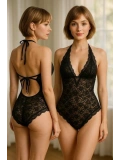 Siyah Tam Dantel İnce Askılı Babydoll
