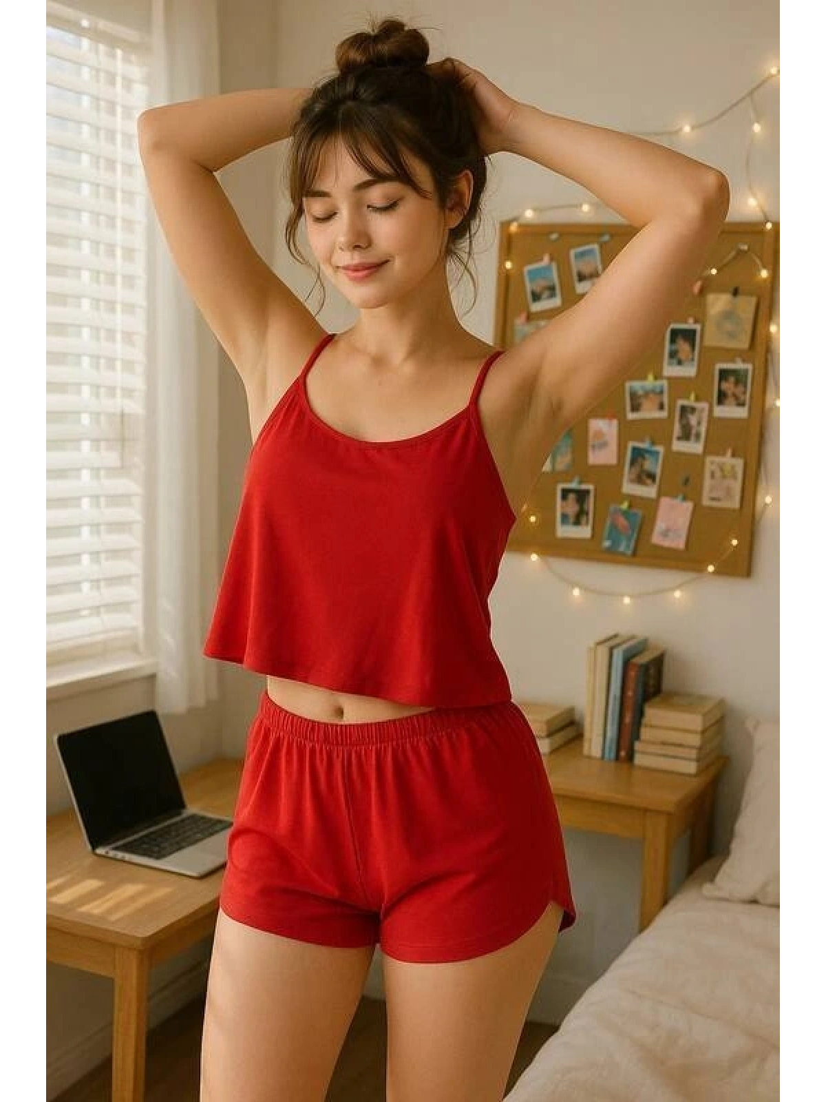Kadın Askılı Siyah Crop Atlet -Mini Şortlu Pijama Takımı