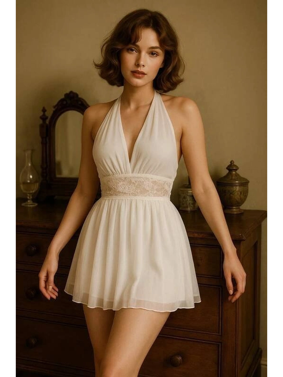 Beyaz Dantel Detaylı Transparan Babydoll