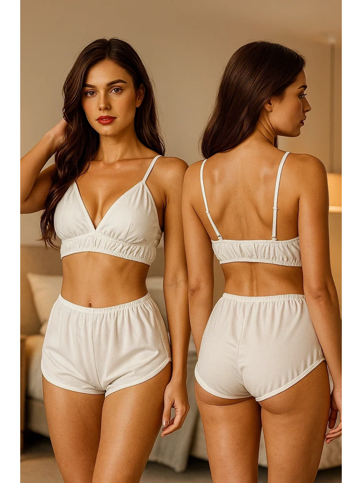 Beyaz Yüksek Bel Şortlu Bralet Takım