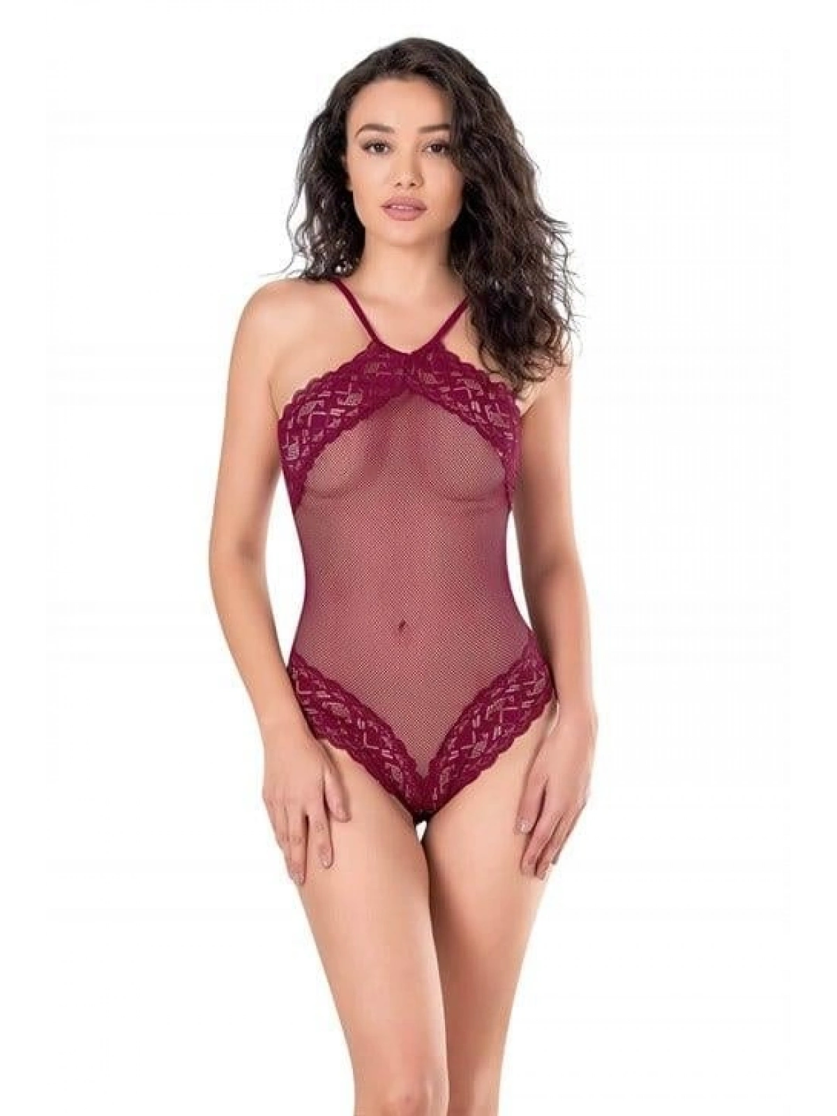 Dantel İşlemeli Bordo File Tül Bodysuit