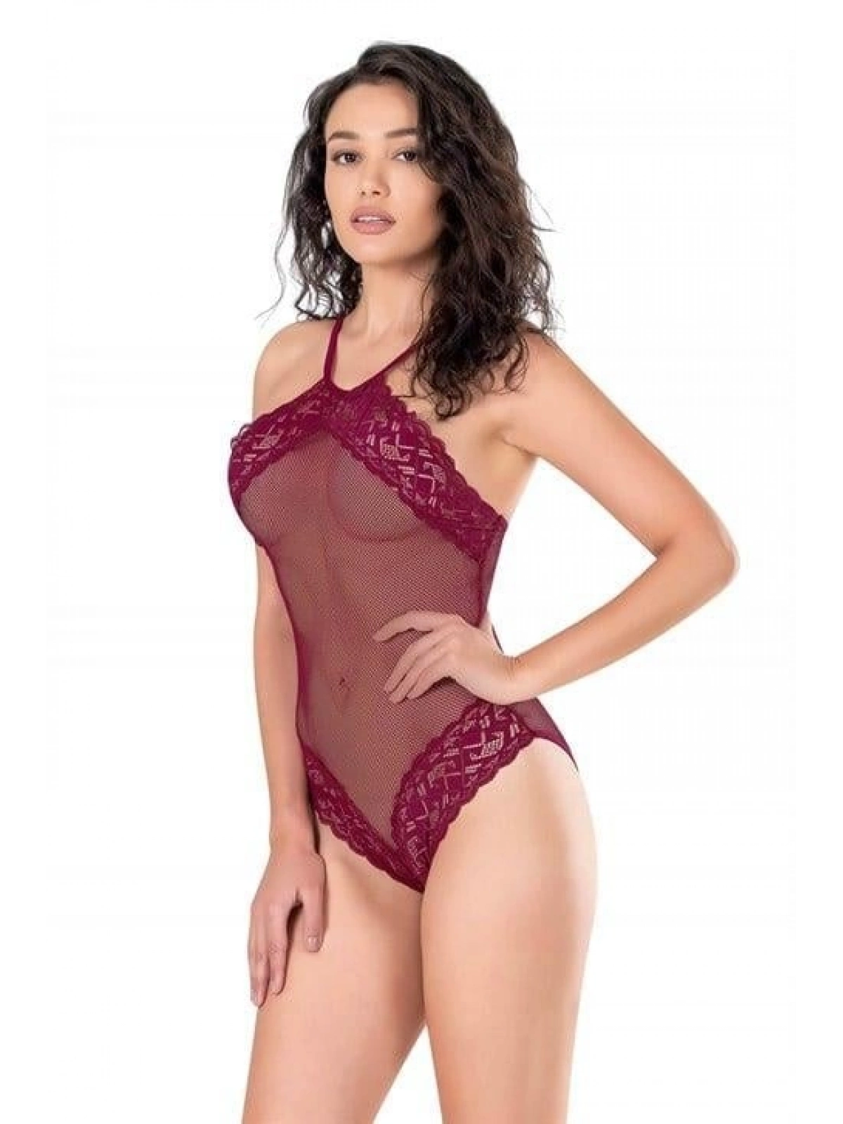 Dantel İşlemeli Bordo File Tül Bodysuit