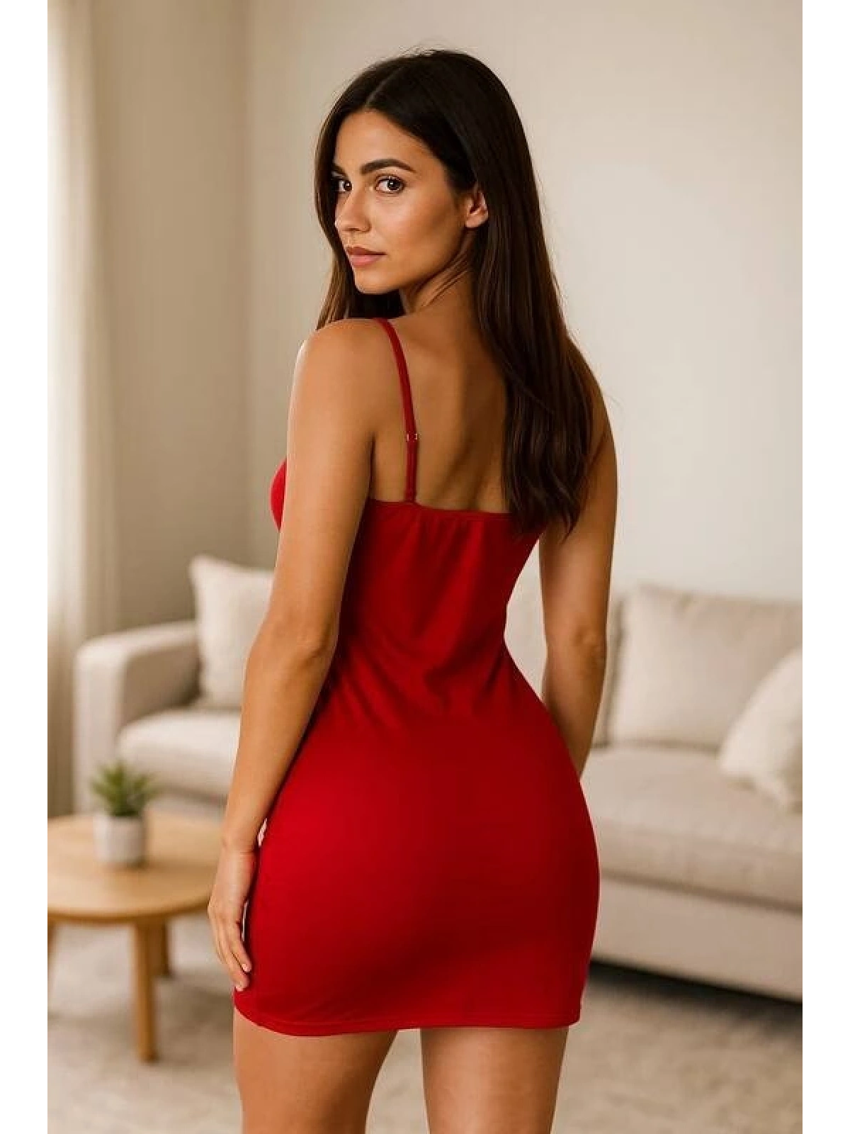 Kadın Kırmızı Sade Şıklık Askılı Mini Gecelik