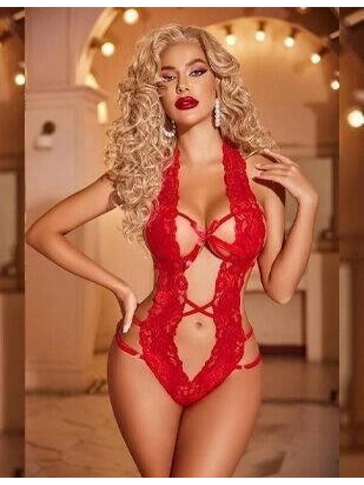 Kırmızı Dantelli Derin Dekolteli Babydoll