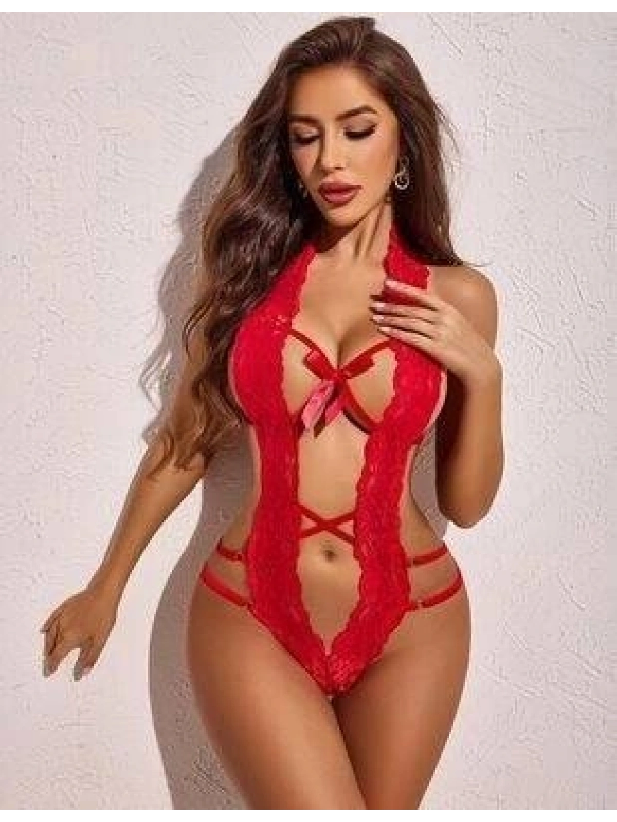 Kırmızı Dantelli Derin Dekolteli Babydoll