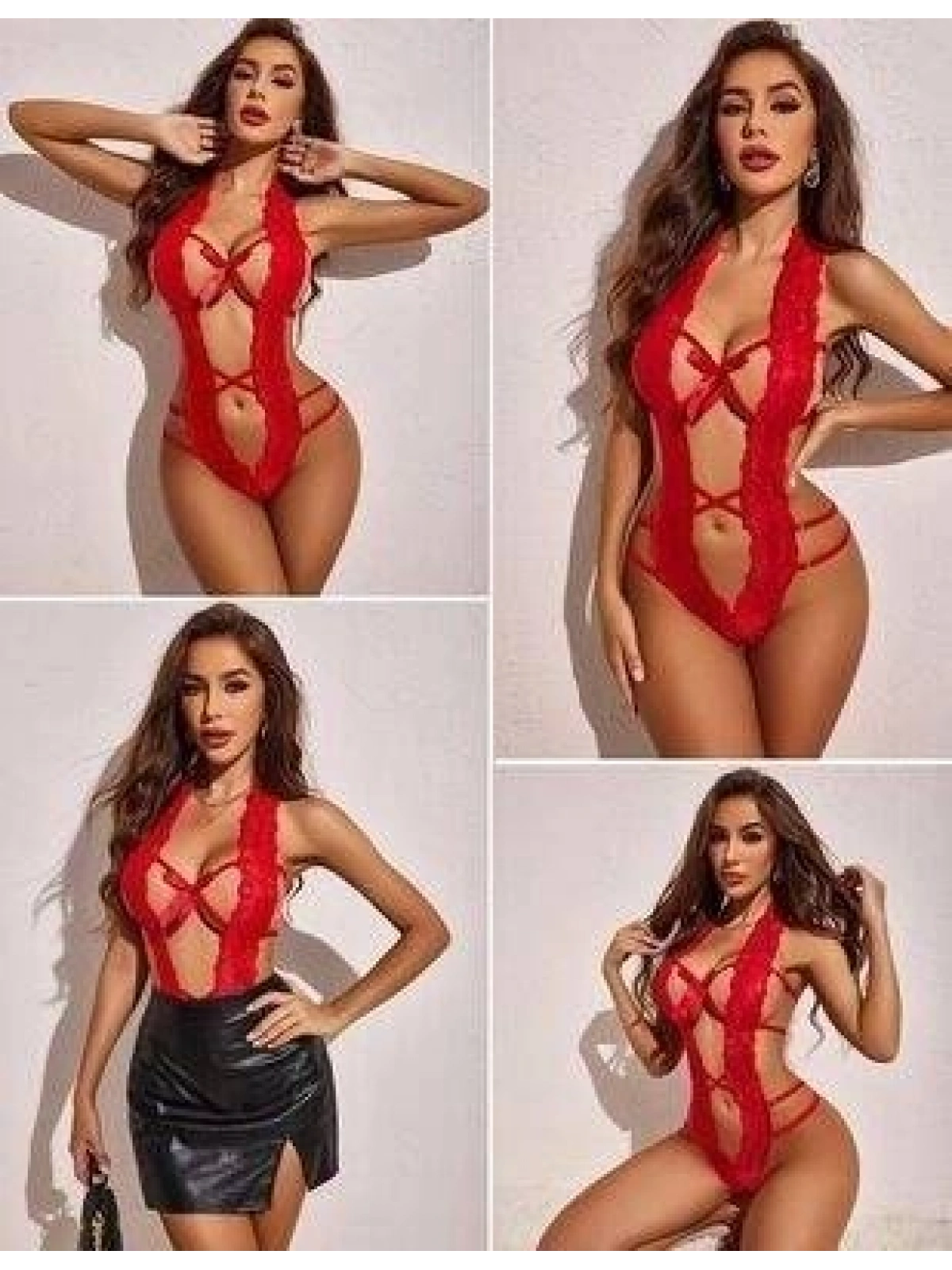 Kırmızı Dantelli Derin Dekolteli Babydoll