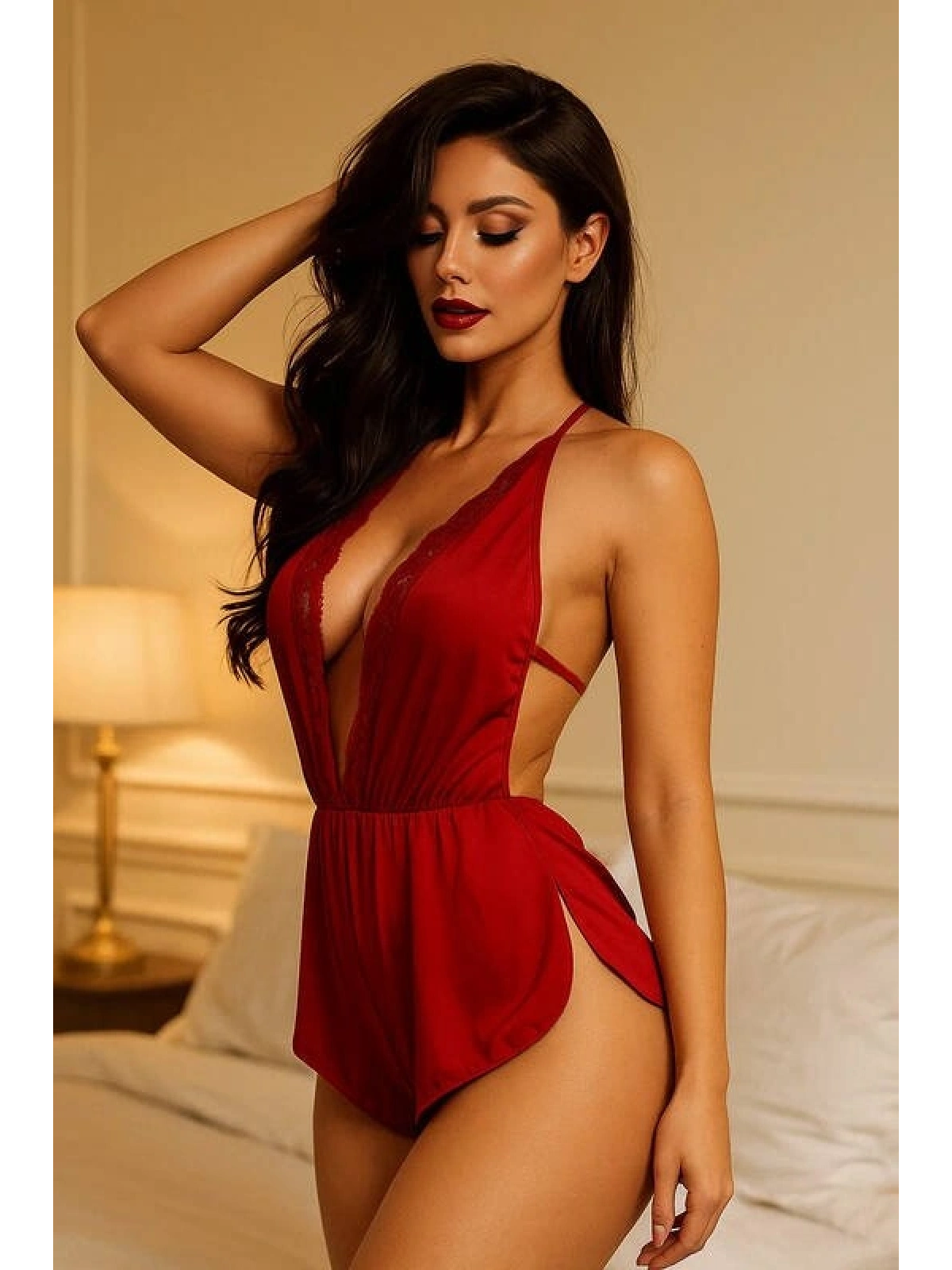 Kırmızı Dantelli Derin V Dekolteli Babydoll