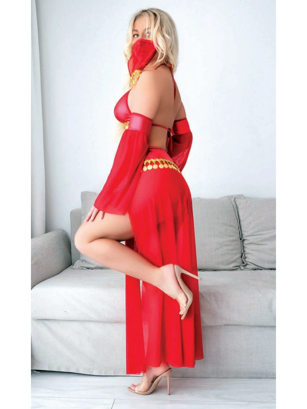 Kırmızı Peçeli Seksi Dansöz Kostümü
