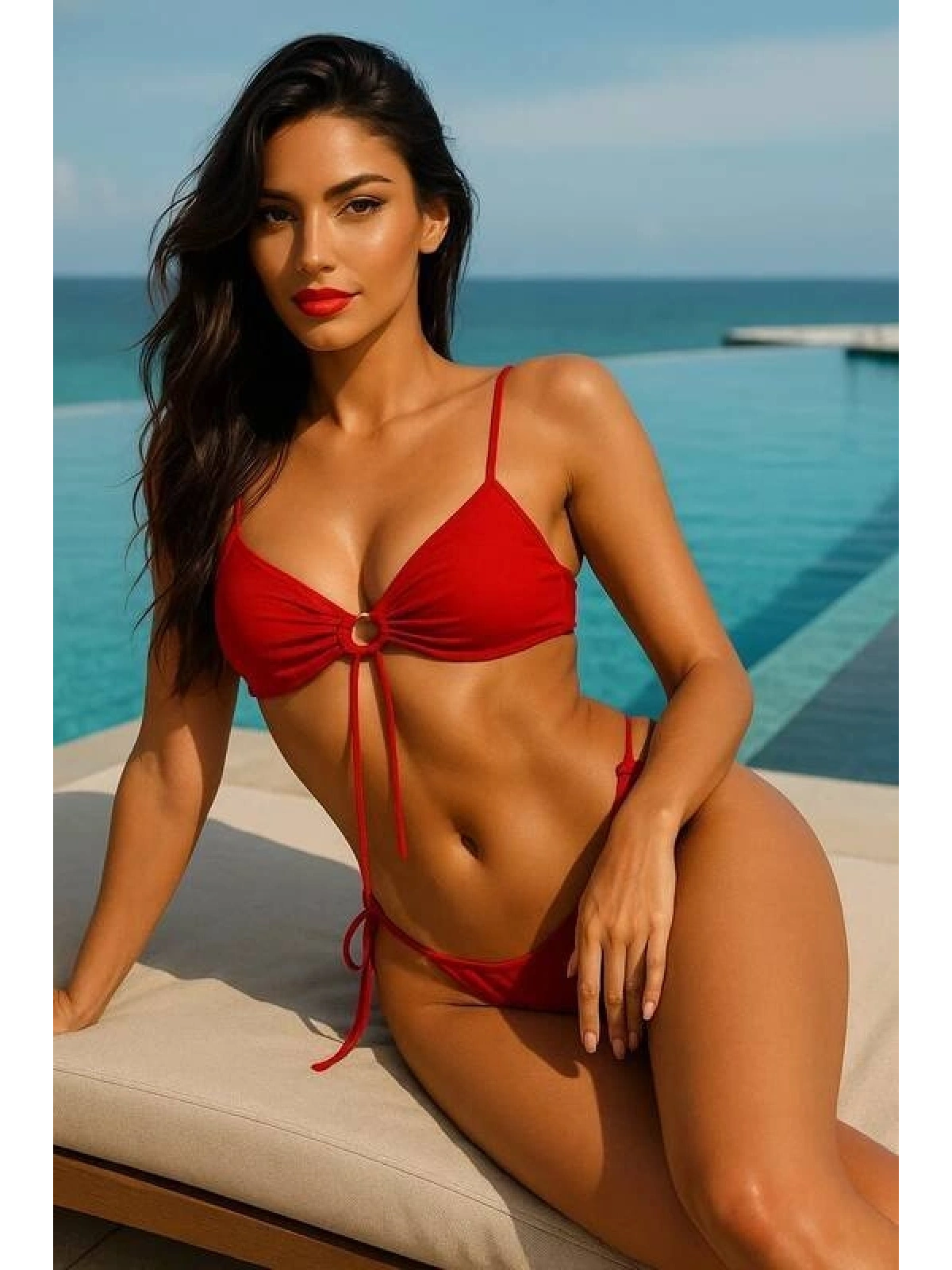 Kadın Kırmızı Siyah Bağcıklı Bikini Takımı