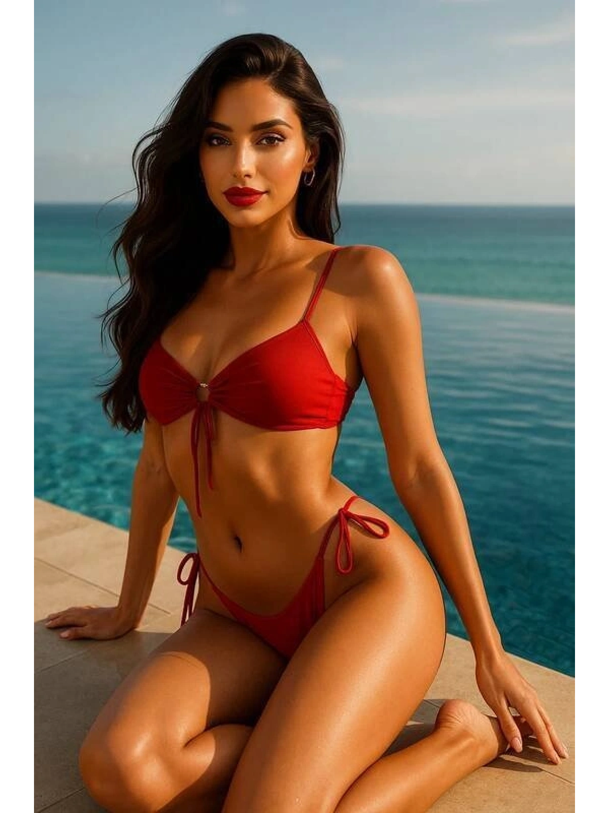 Kadın Kırmızı Siyah Bağcıklı Bikini Takımı
