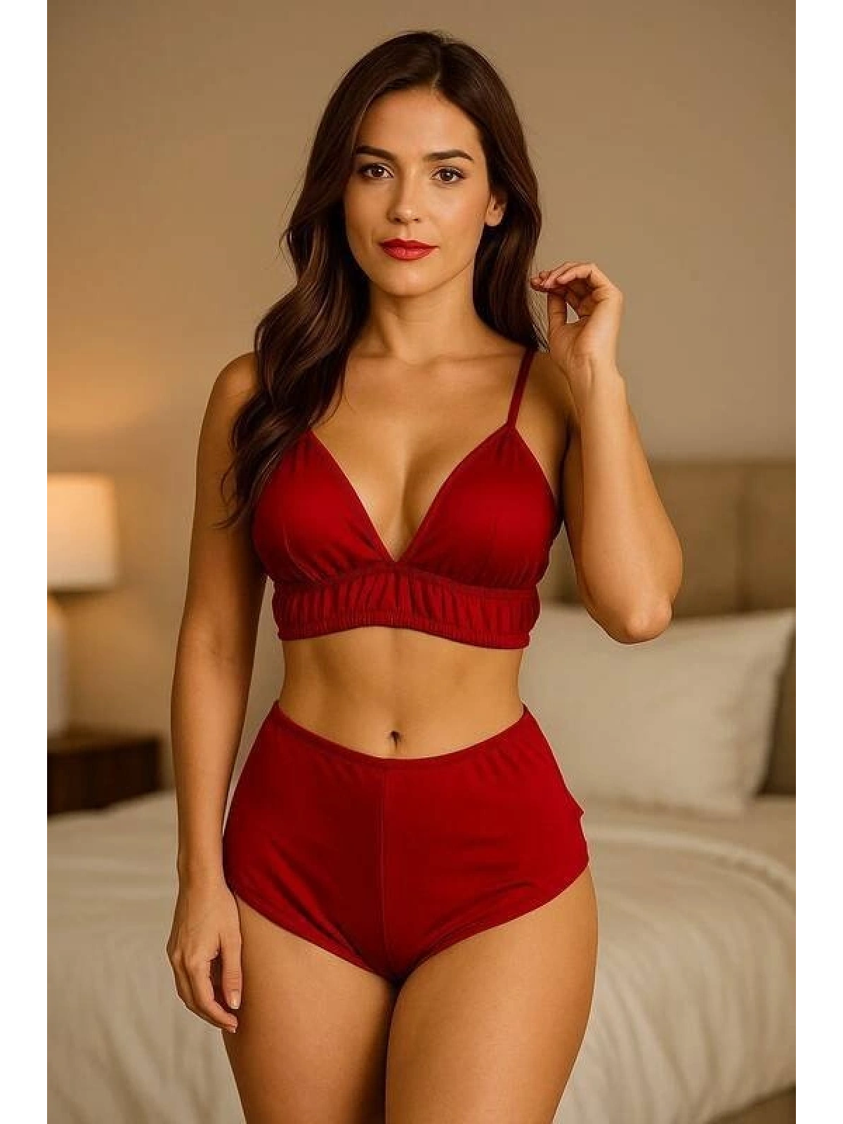 Kırmızı Yüksek Bel Şortlu Bralet Takım