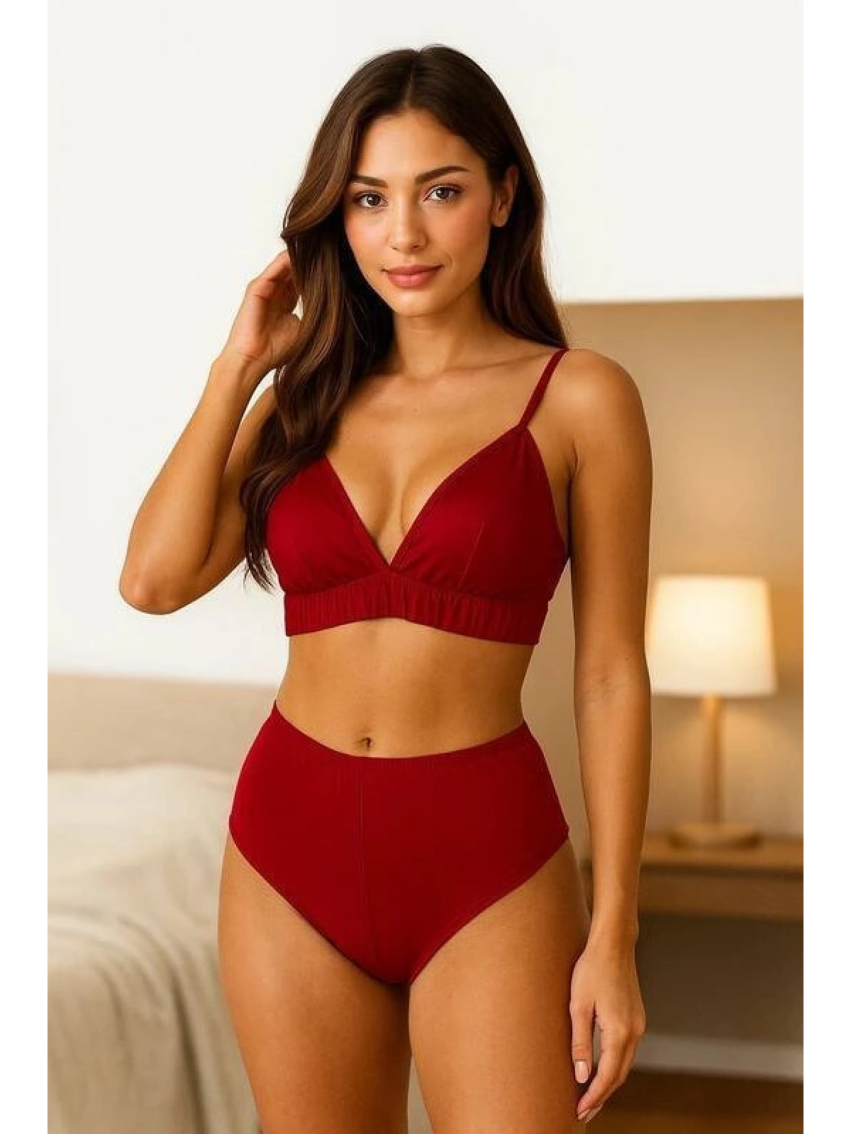 Kırmızı Yüksek Bel Şortlu Bralet Takım