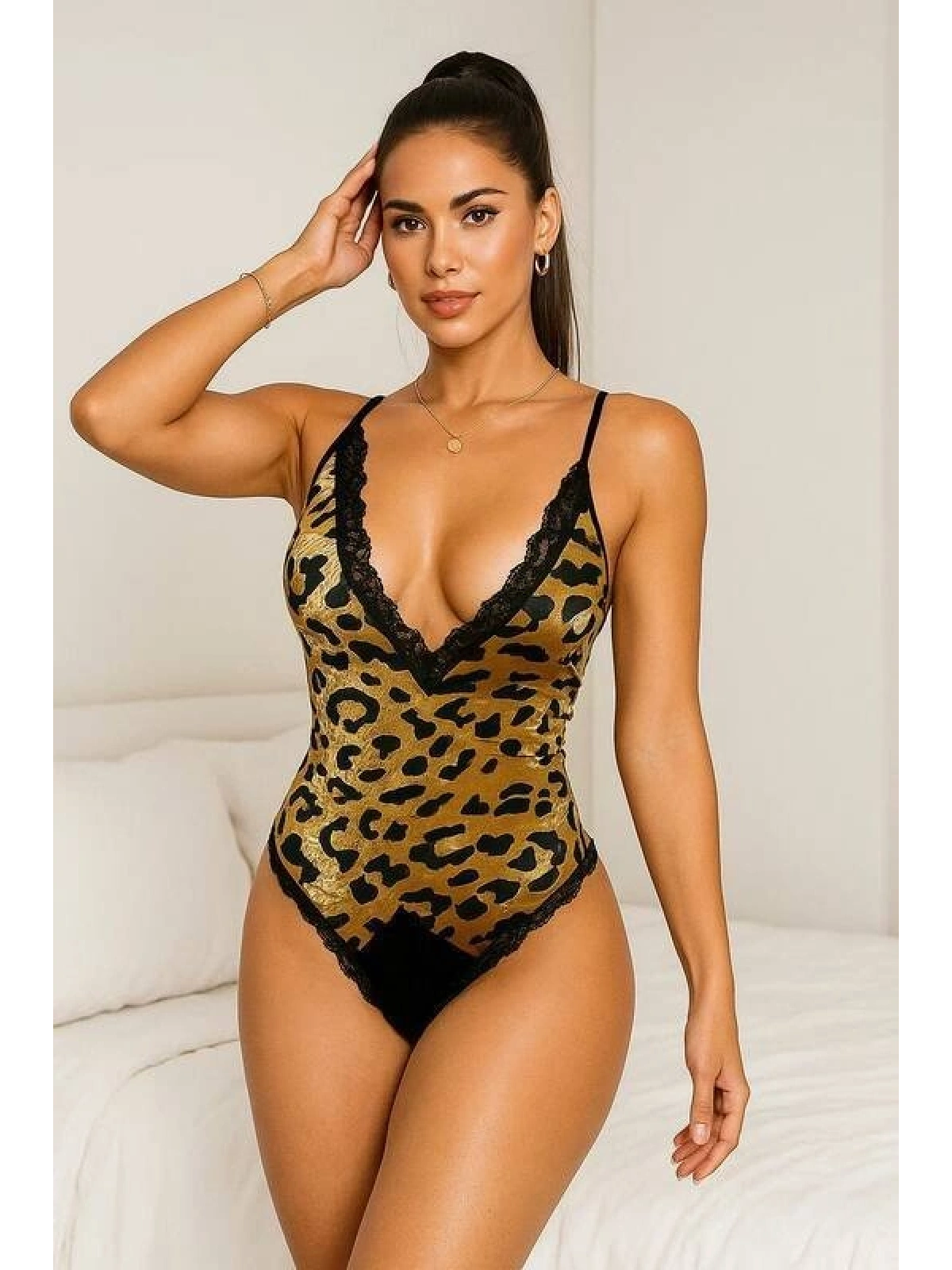 Leopar Desenli Dantel Babydoll