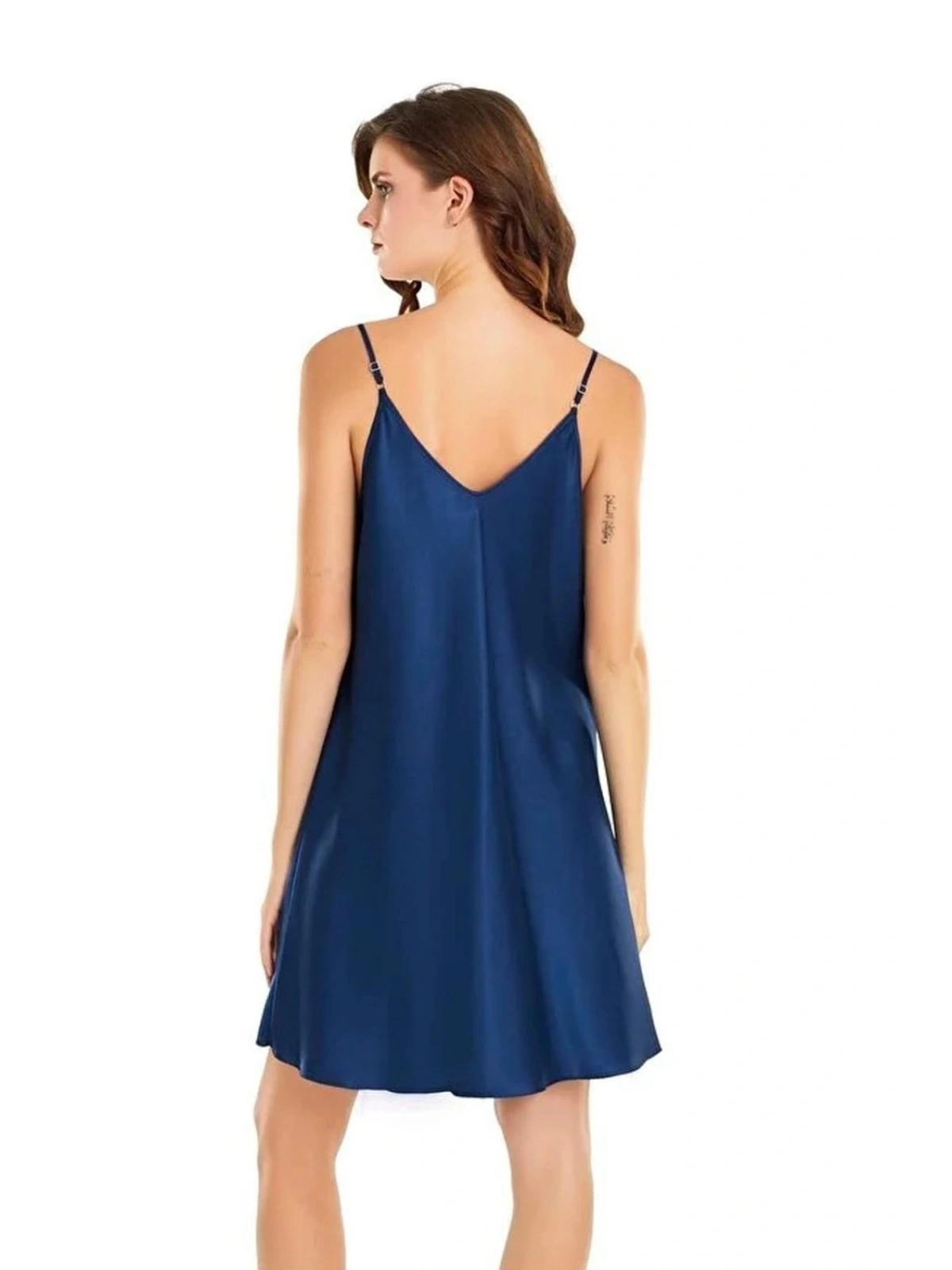 Özel Tasarım Mavi Saten Emprime Baskılı İkili Kısa Sabahlık Gecelik Takımı