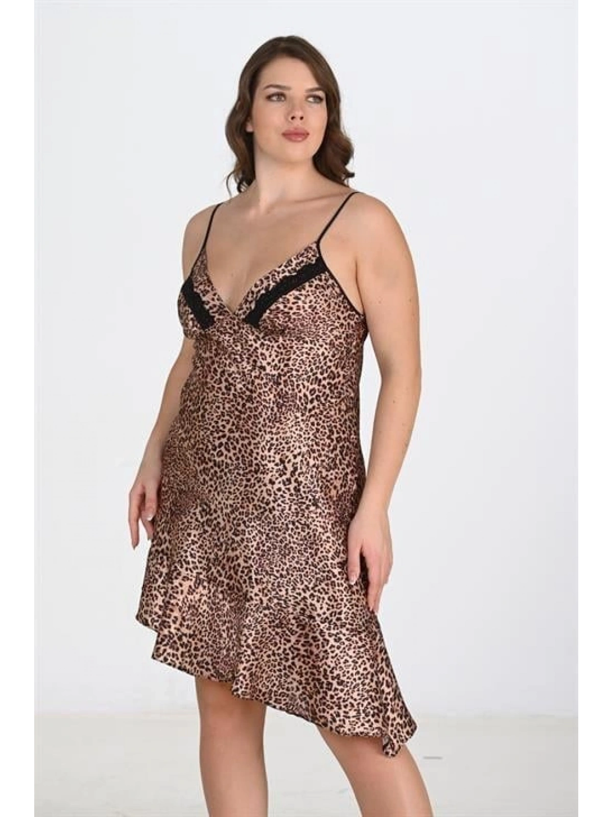 Premium Büyük Beden Saten Leopar Gecelik Bigsize