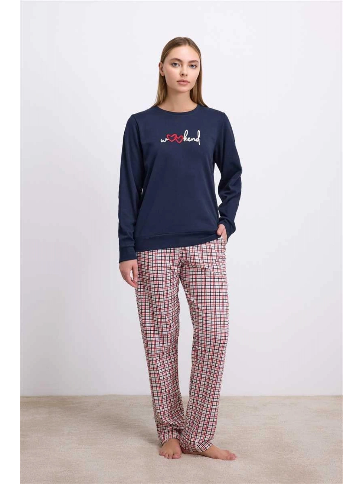 Seraviax %100 Pamuklu Uzun Kol Sweatshirt ve Ekose Pantolon Pijama Takımı