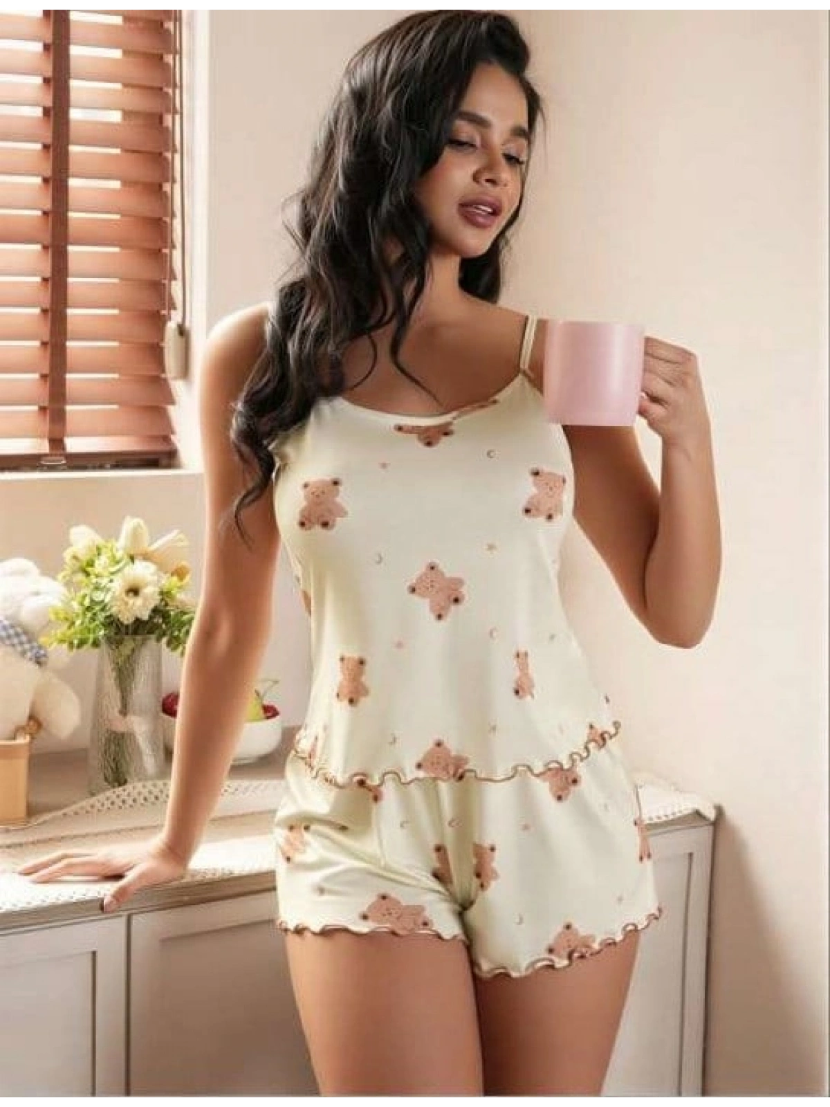 Seraviax Ayıcık Desenli Askılı Şortlu Pijama Takımı