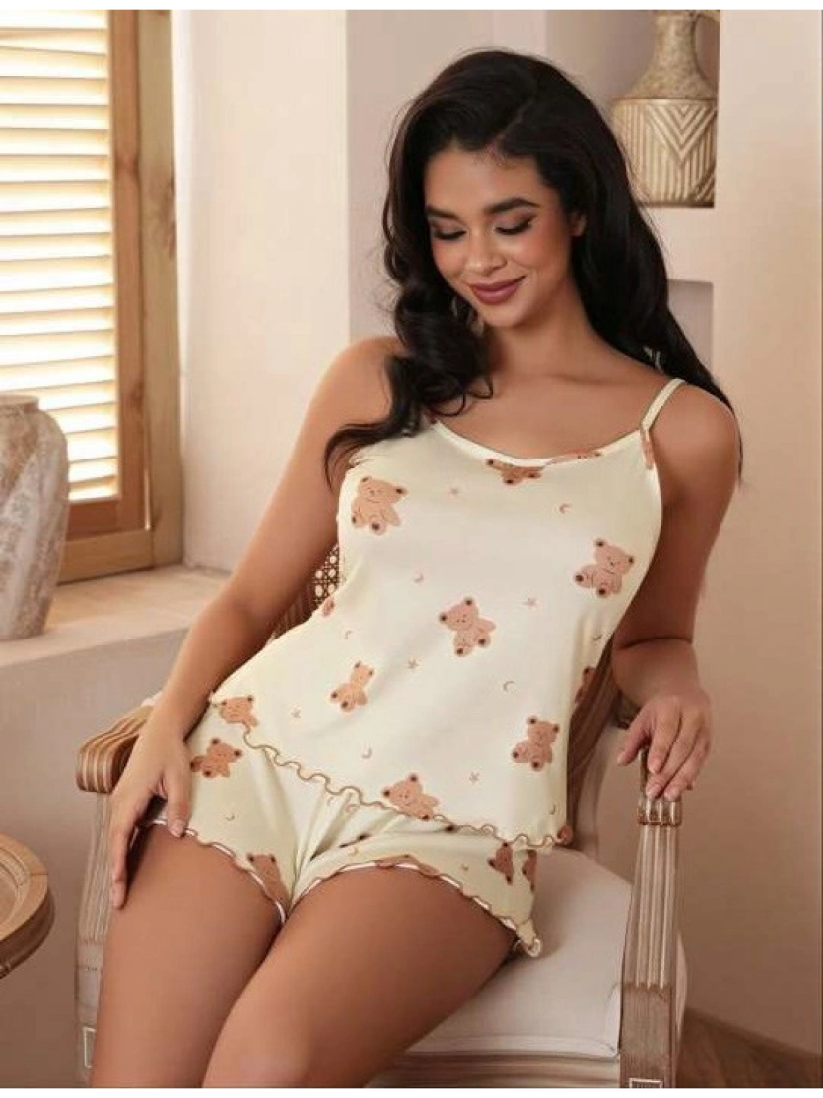 Seraviax Ayıcık Desenli Askılı Şortlu Pijama Takımı