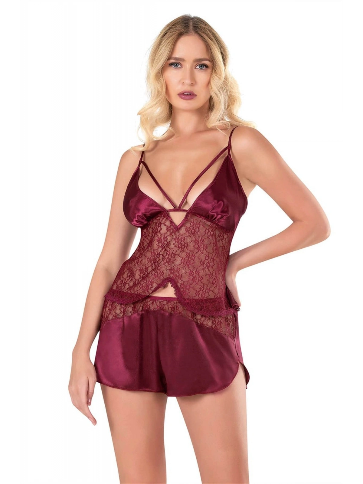 Seraviax Bordo Saten Babydoll Şort Takımı