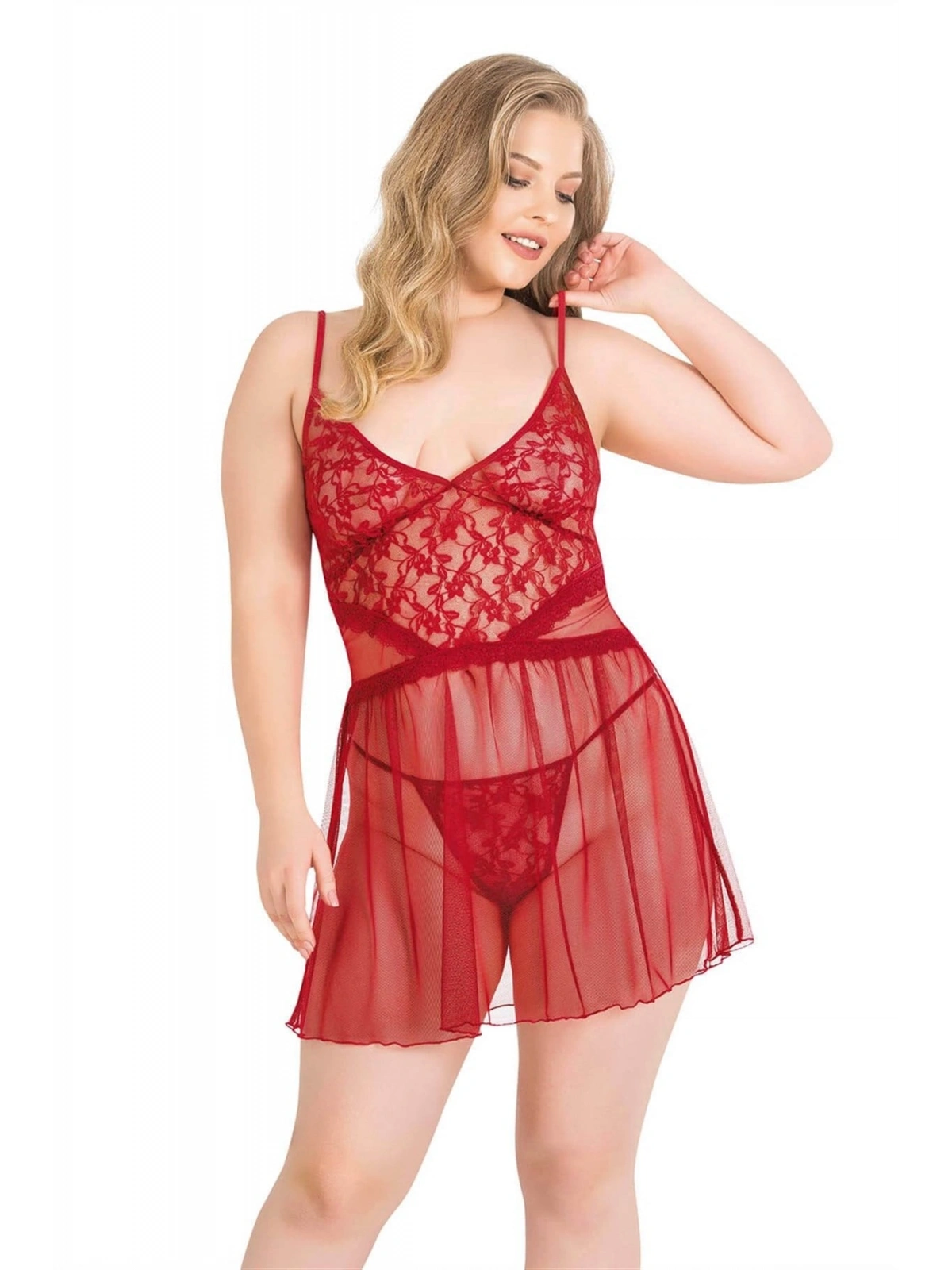 Seraviax Büyük Beden Kırmızı Kısa Tül Gecelik
