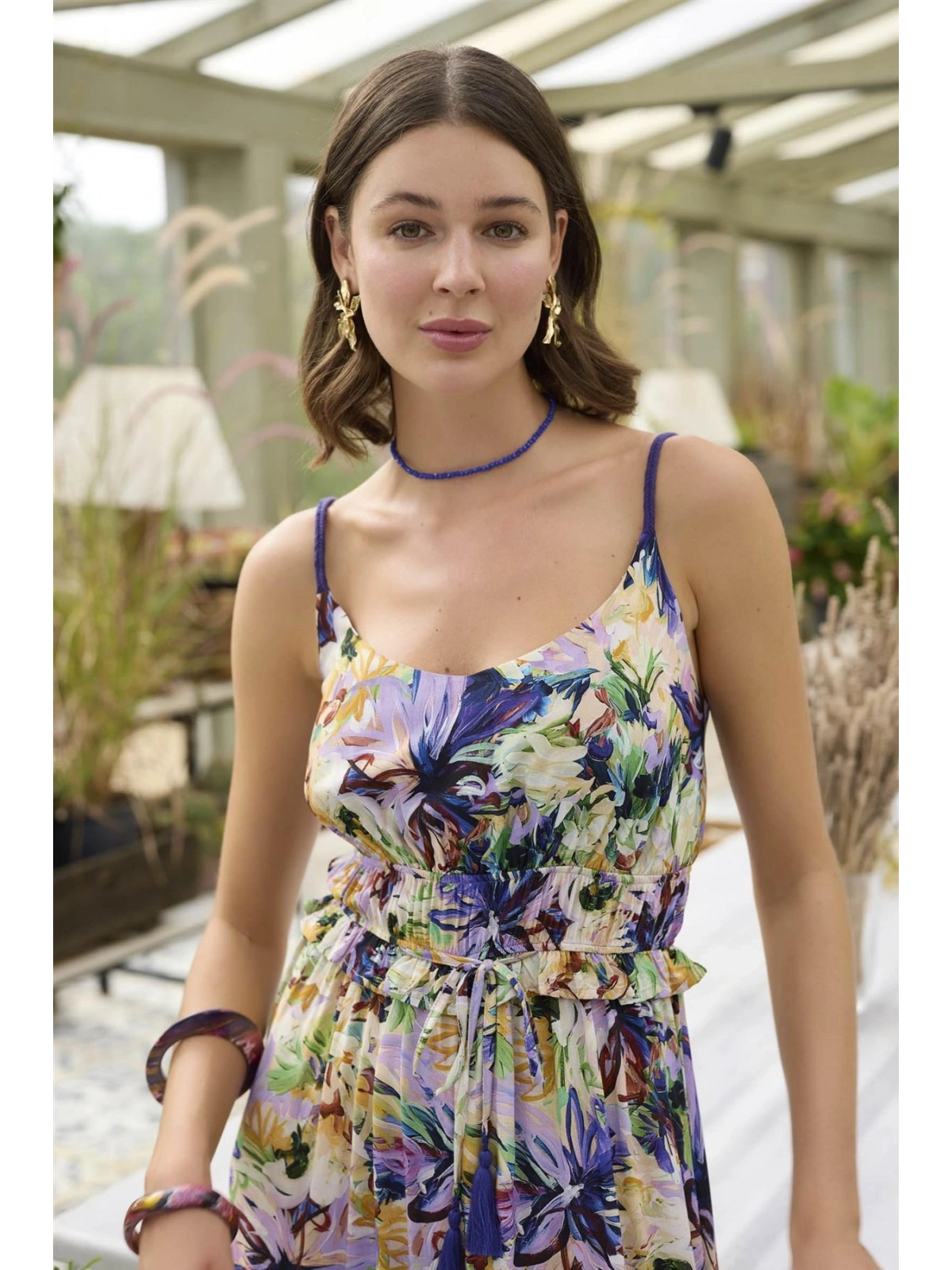 Seraviax Çiçek ve Yaprak Desenli İp Askılı Tulum